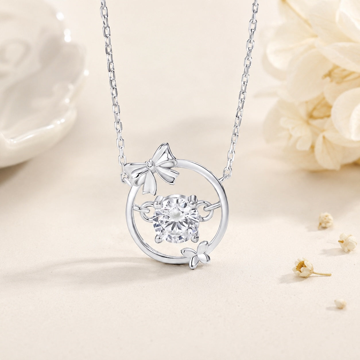 Simulated Diamond Floral Pendant Necklace - 925 Silver