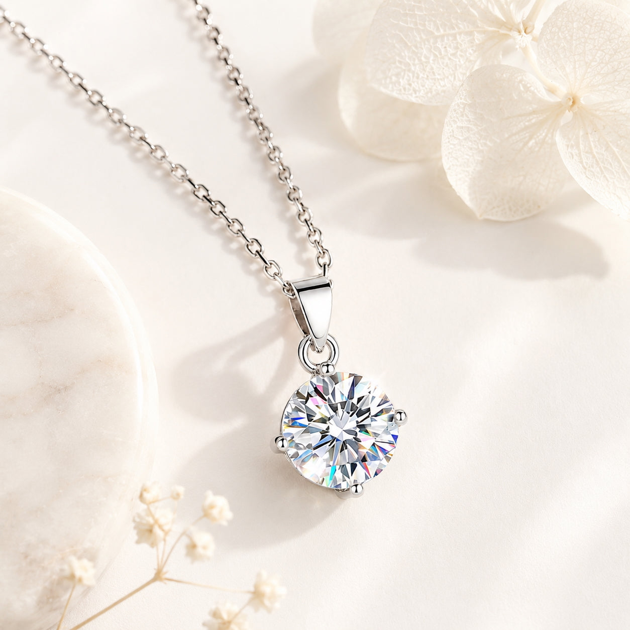 Round Cut Moissanite Solitaire Pendant Necklace - 925 Silver