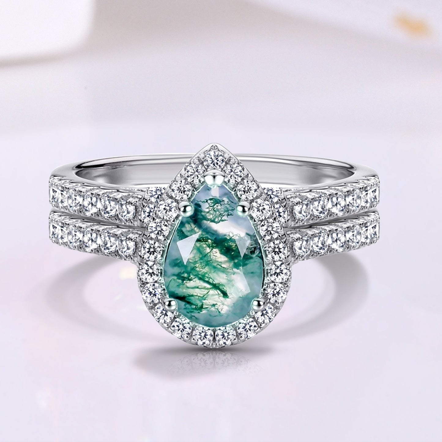 The Florra - Pear Cut Natural Moss Agate Vermeil Ring for Women