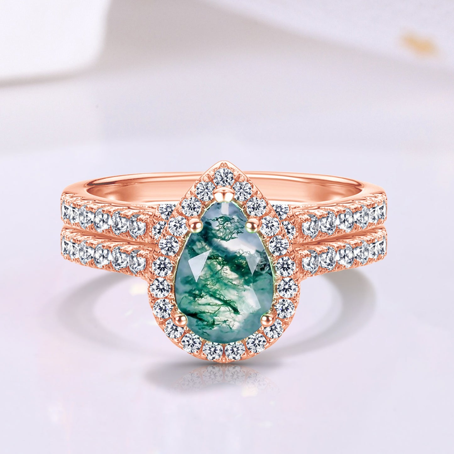 The Florra - Pear Cut Natural Moss Agate Vermeil Ring for Women