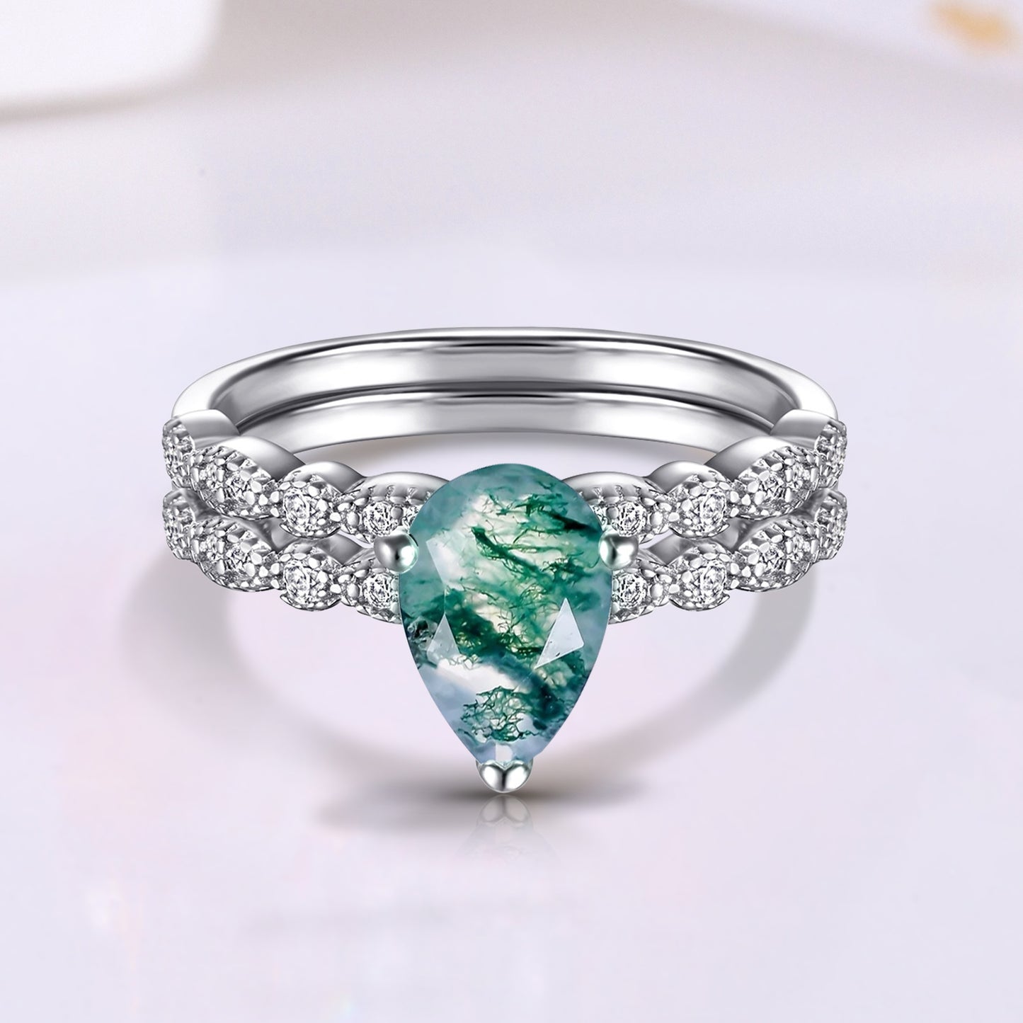 The Sylmoss - Natural Moss Agate Women Ring Set