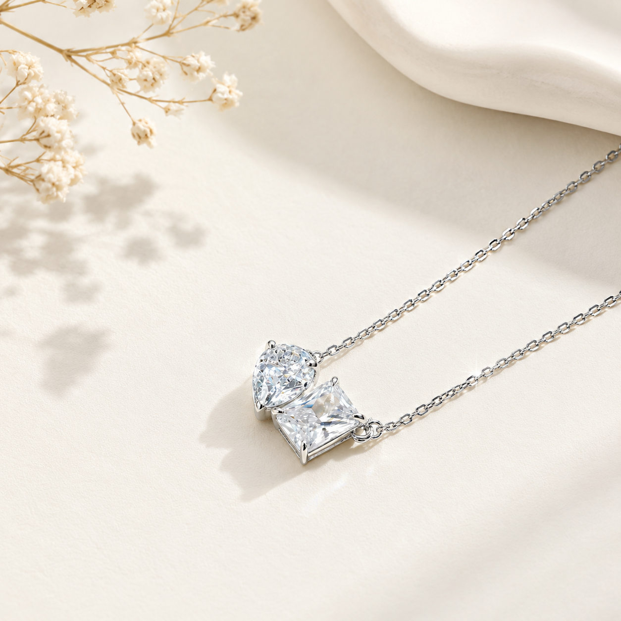 Two Stone Simulated Diamonds Women Silver Necklace
