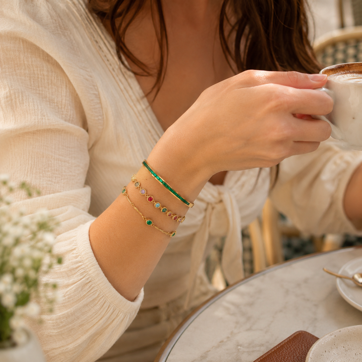 18k Gold Plated Emerald Bracelet Set