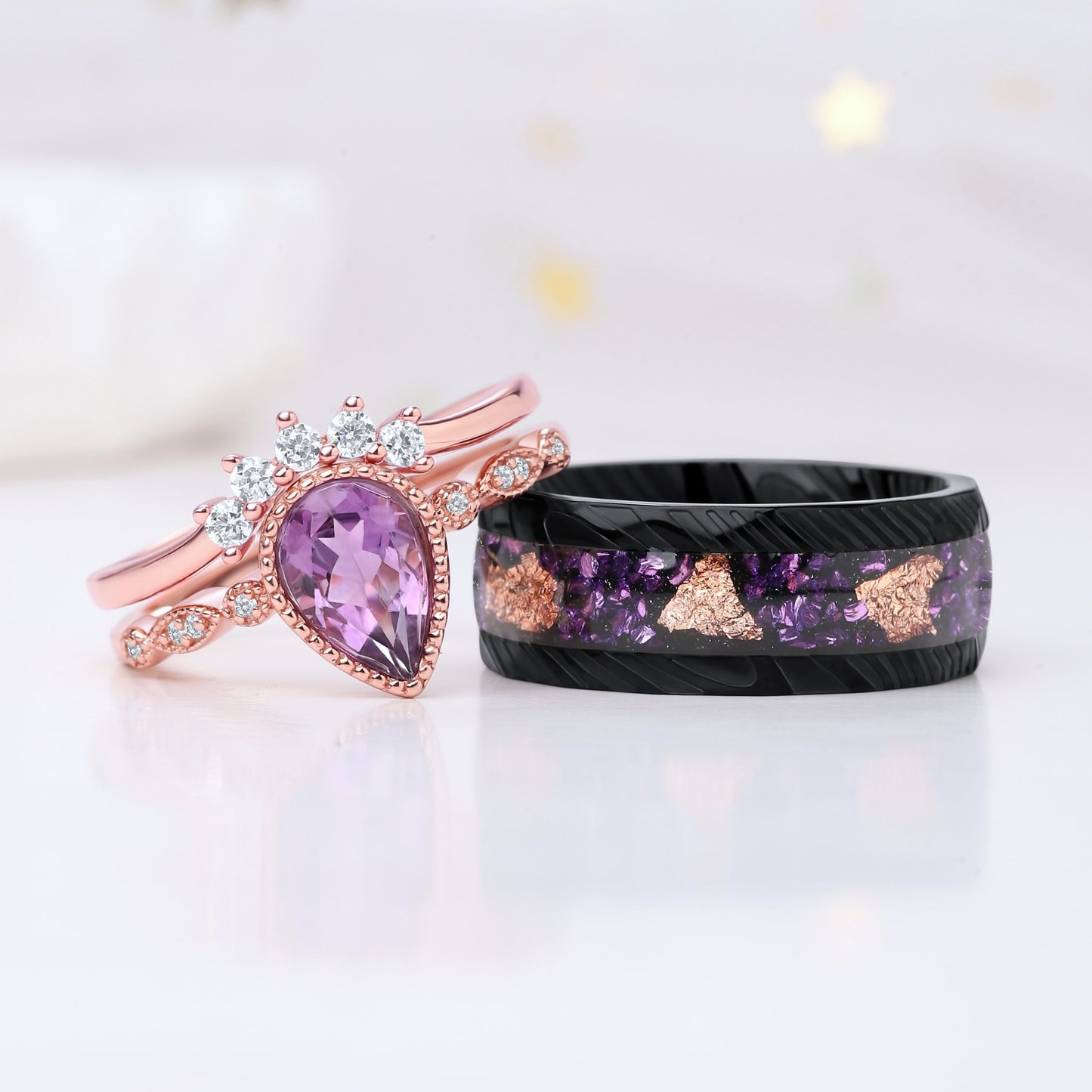 The Viora - Crushed Amethyst Gold Leaf Steel Ring for Men