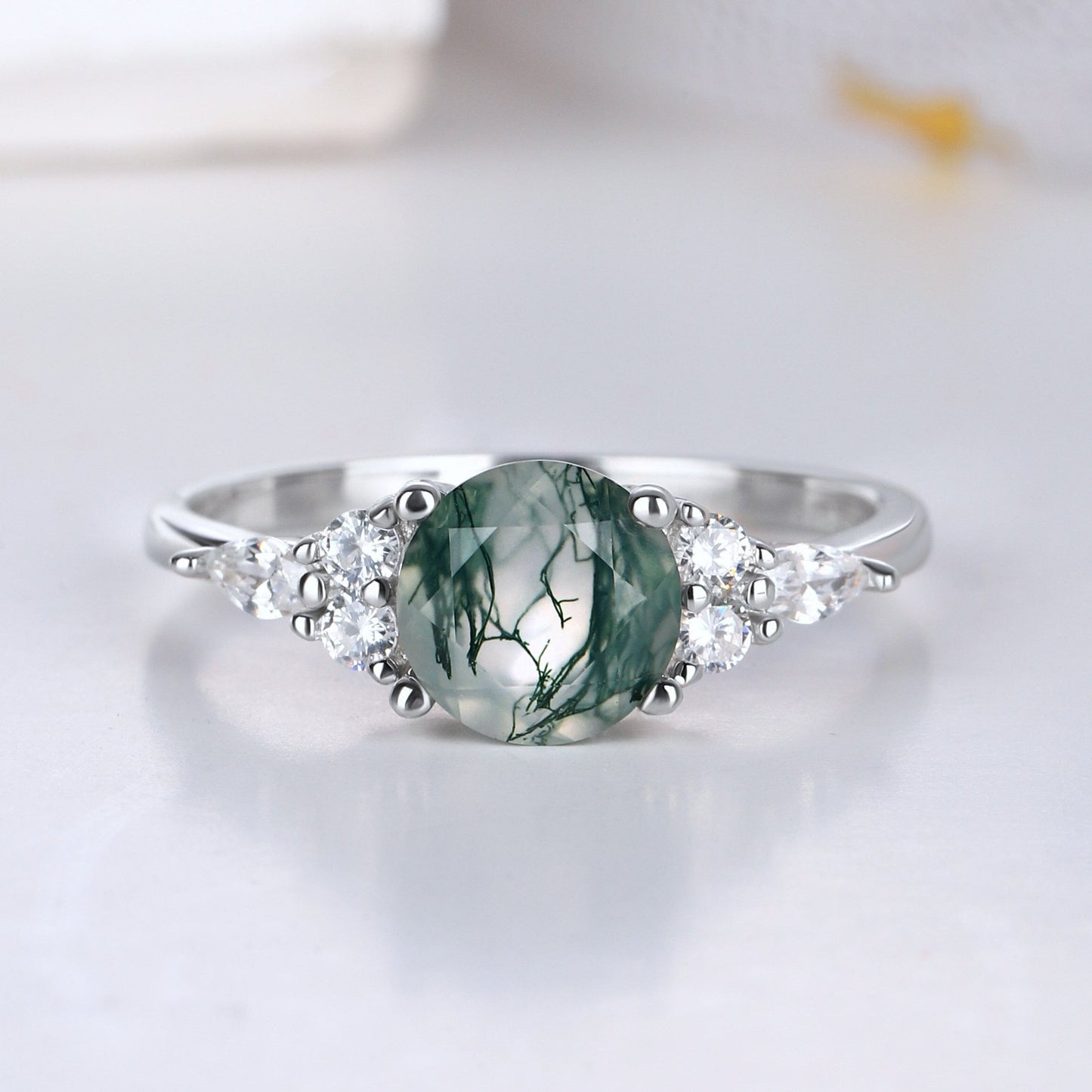 The Forestine - Round Cut Green Moss Agate Promise Ring for Women