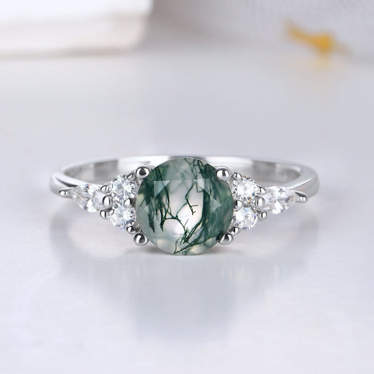 The Forestine - Round Cut Green Moss Agate Promise Ring for Women