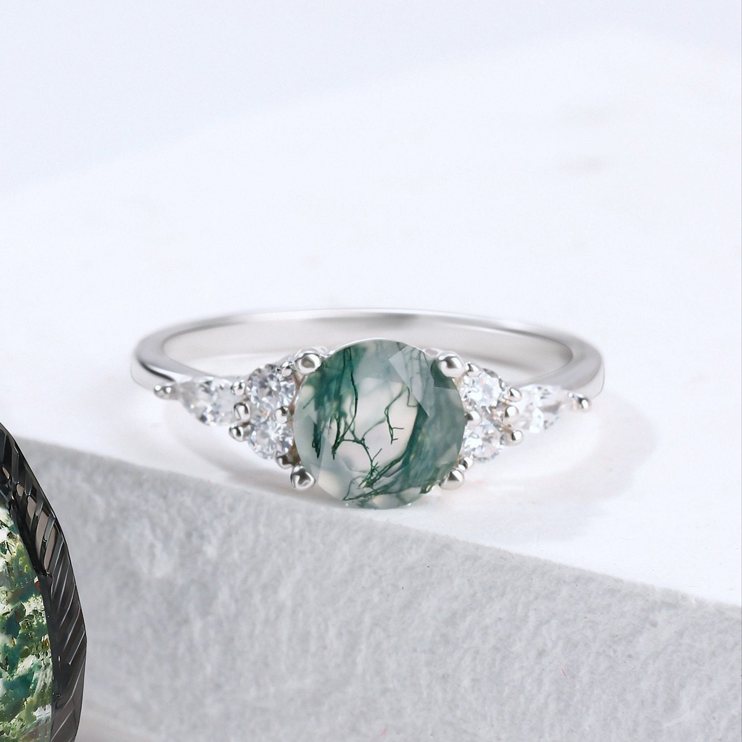 The Forestine - Round Cut Green Moss Agate Promise Ring for Women