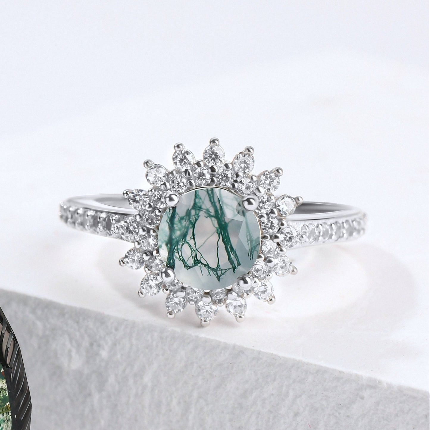 The Grelior - Natural Green Moss Agate 925 Silver Promise Ring for Women