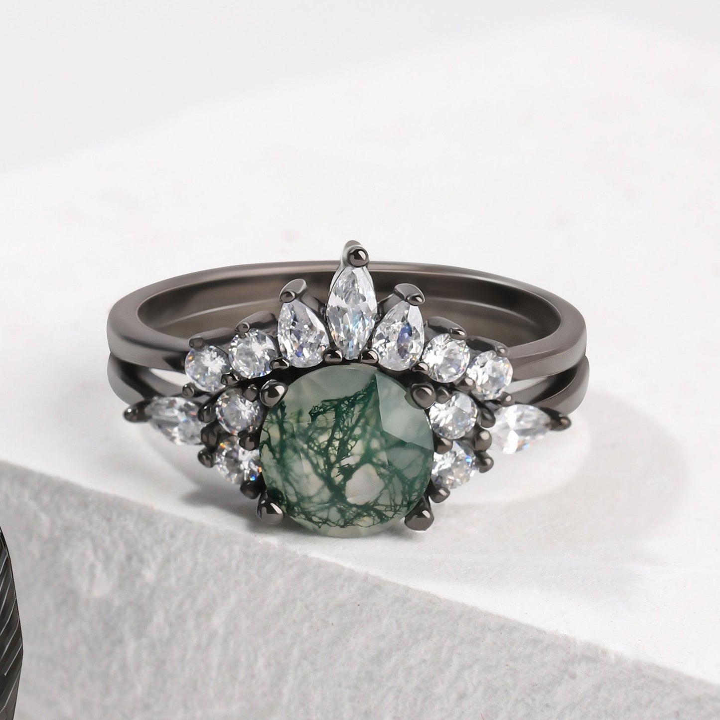 The Green Veil - Natural Moss Agate 925 Silver Wedding Ring for Women
