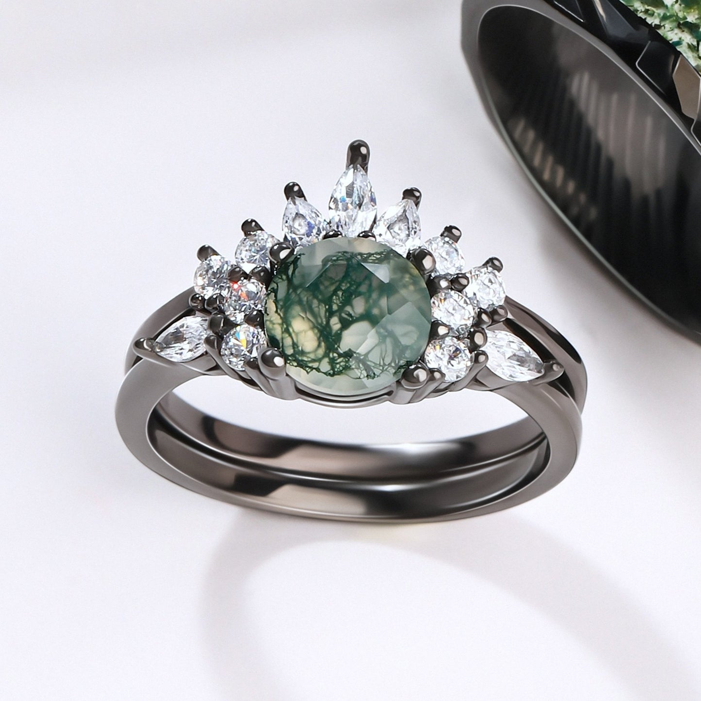 The Green Veil - Natural Moss Agate 925 Silver Wedding Ring for Women