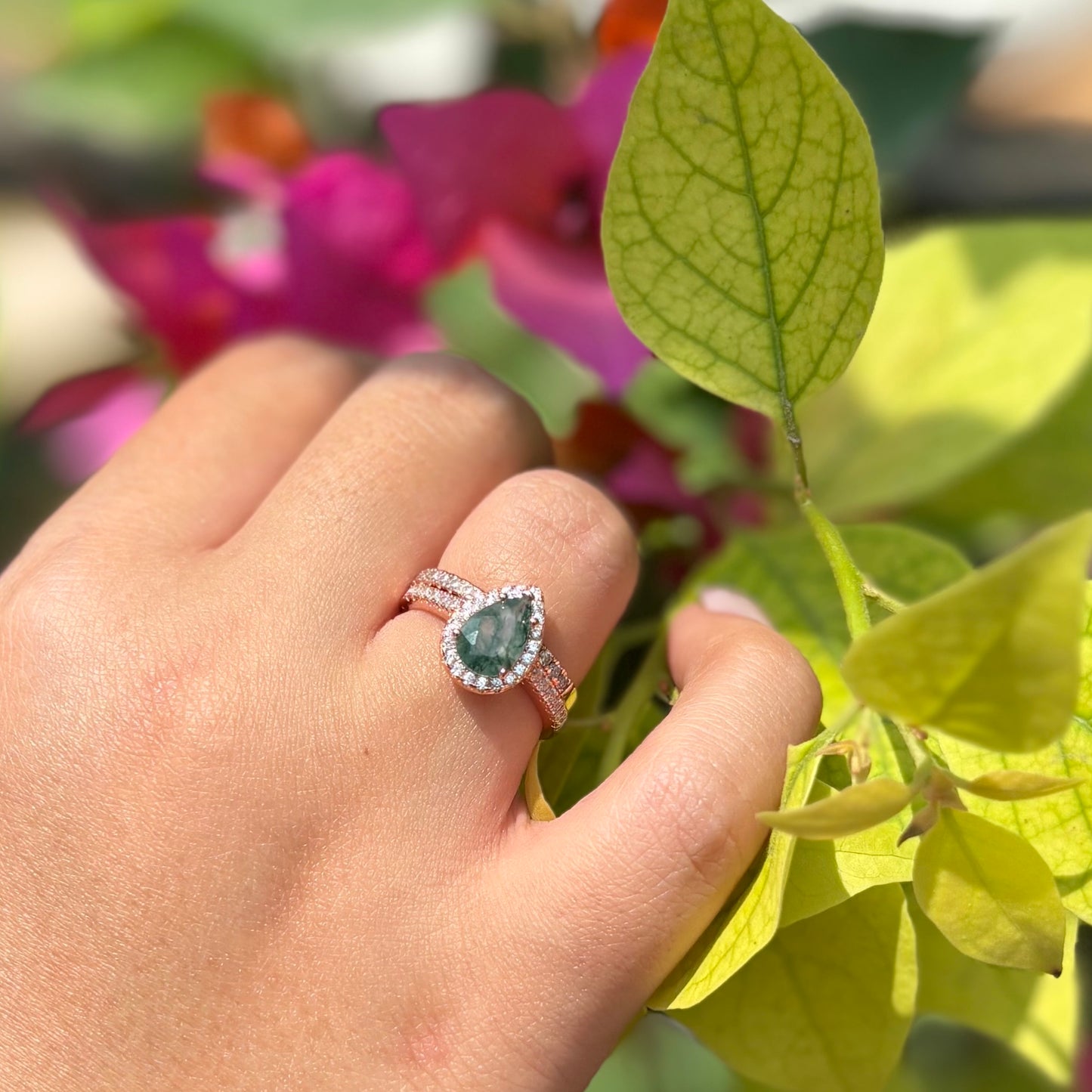 The Evermoss - Natural Moss Agate Couple Rings Rosegold Vermeil