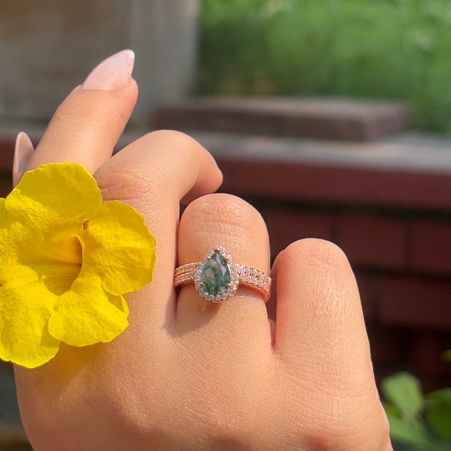 The Evermoss - Natural Moss Agate Couple Rings Rosegold Vermeil