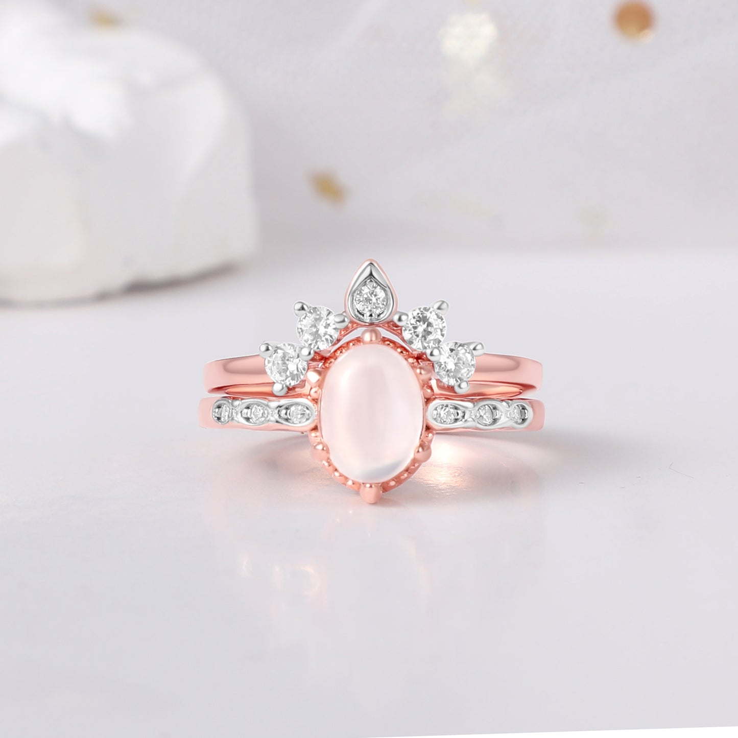The Lunara - Natural Moonstone & Fire Opal Rose Gold Leaf Couple Ring Set