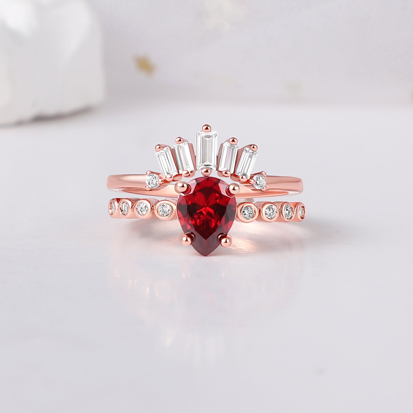 The Aurelia - Red Garnet Rose Gold Leaf Couple Ring Set