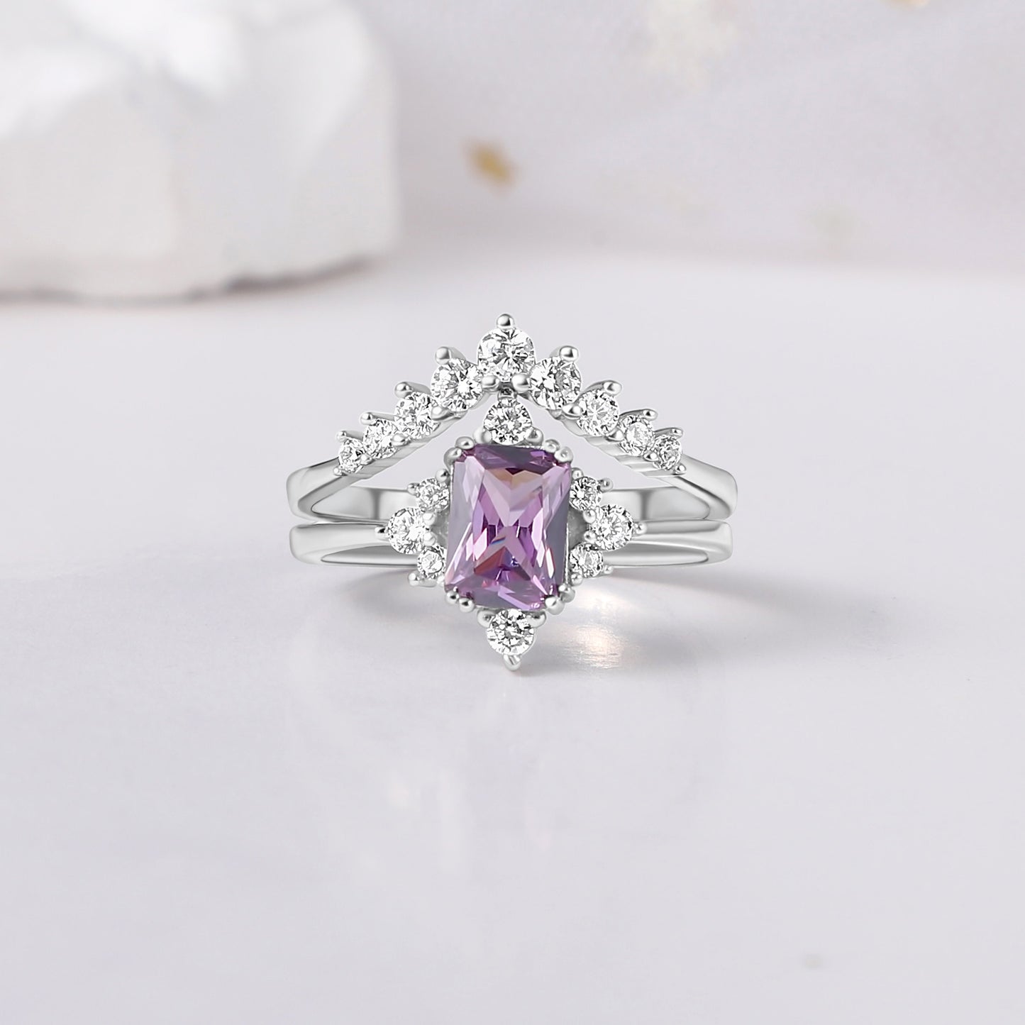The Amara - Emerald Cut & Crushed Amethyst Couple Ring Set