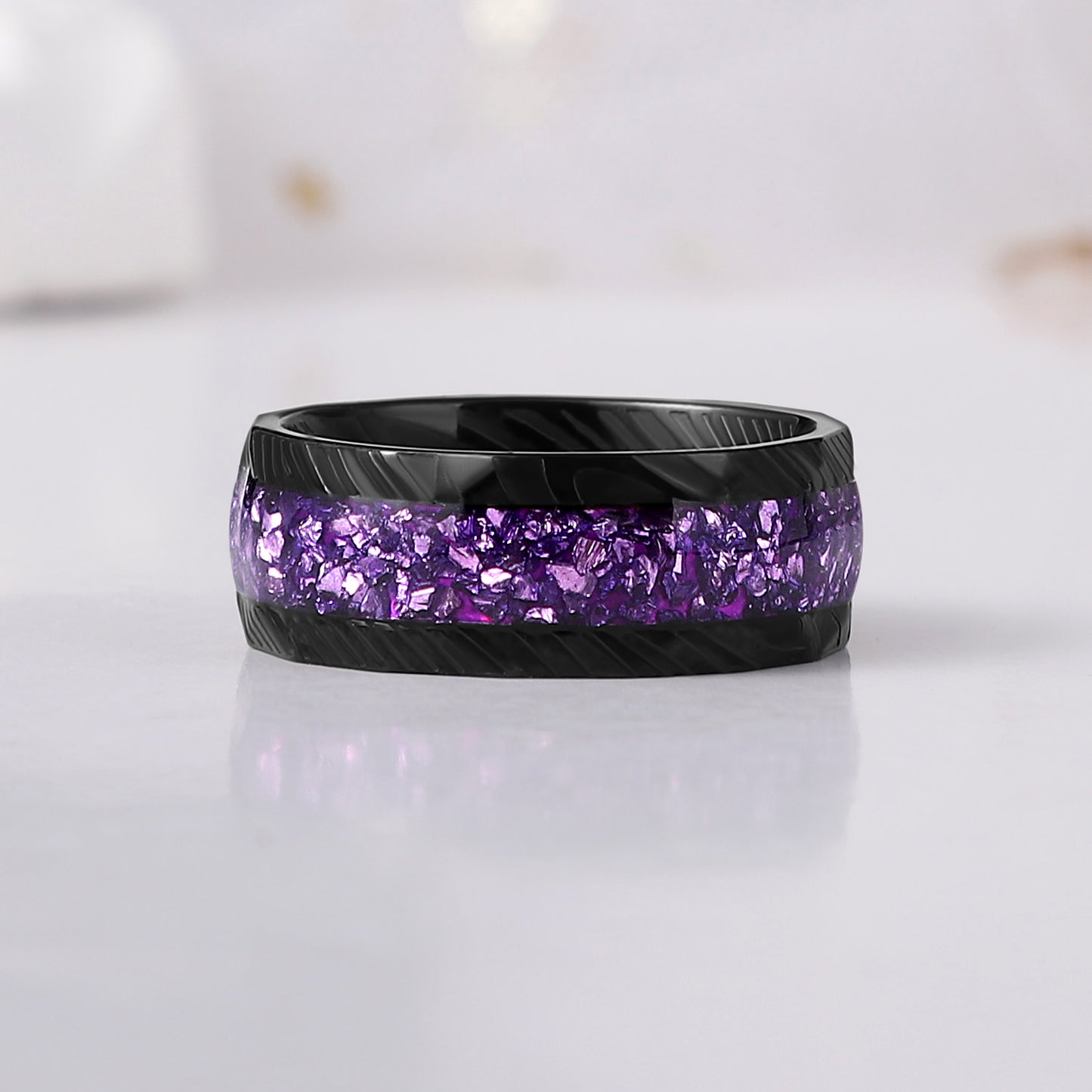 The Amara - Emerald Cut & Crushed Amethyst Couple Ring Set