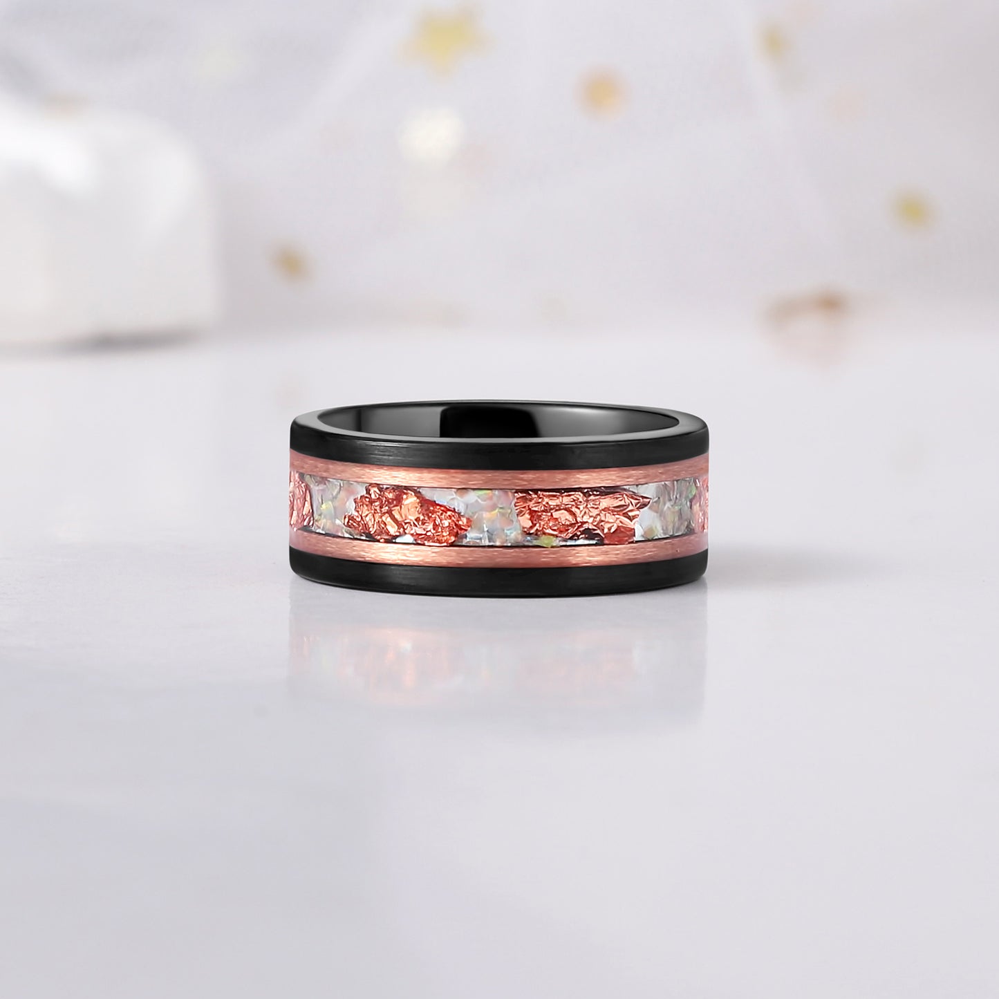 The Lunara - Natural Moonstone & Fire Opal Rose Gold Leaf Couple Ring Set