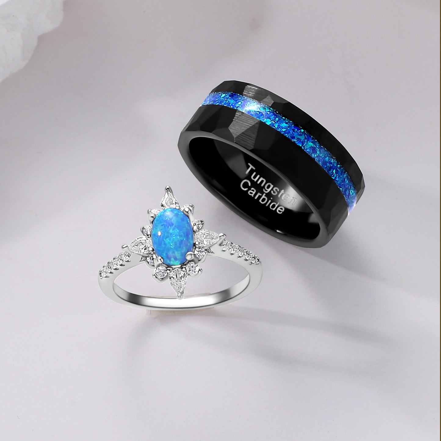 The Nerida - Blue Fire Opal & Meteorite Couple Ring Set