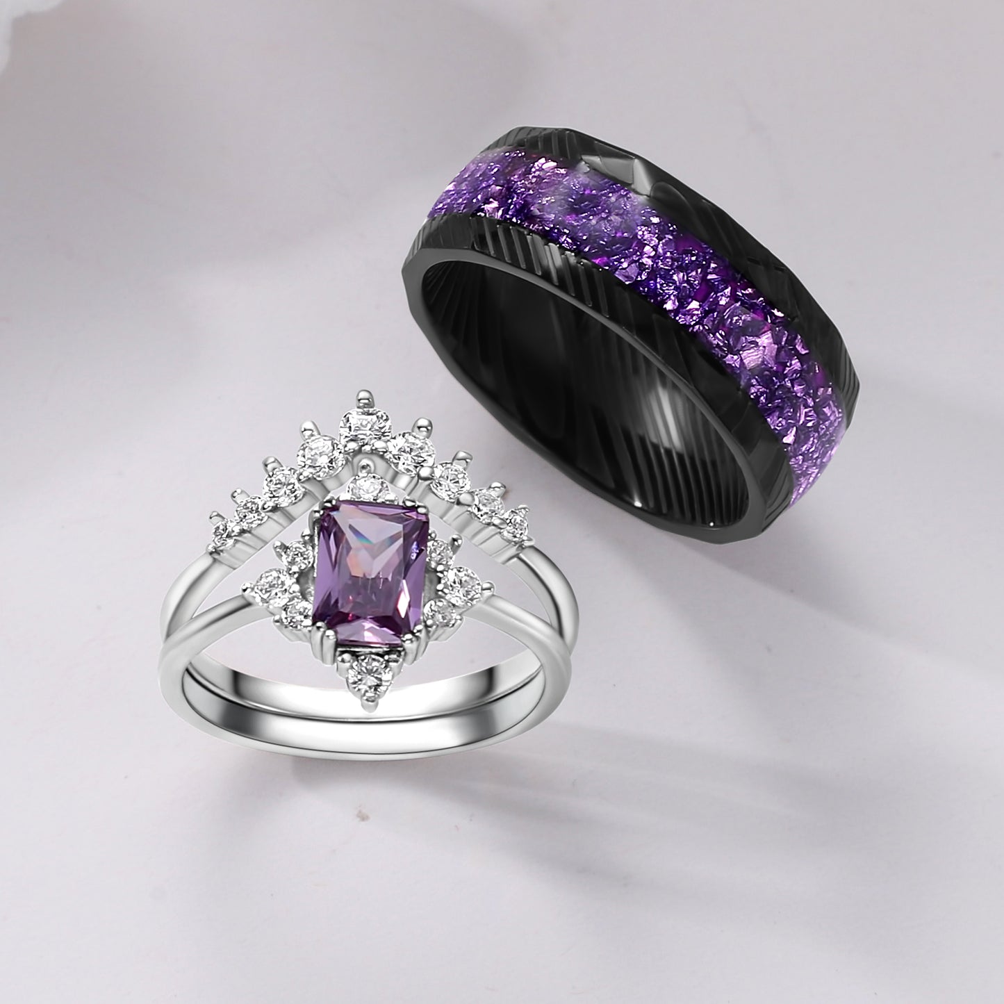 The Amara - Emerald Cut & Crushed Amethyst Couple Ring Set