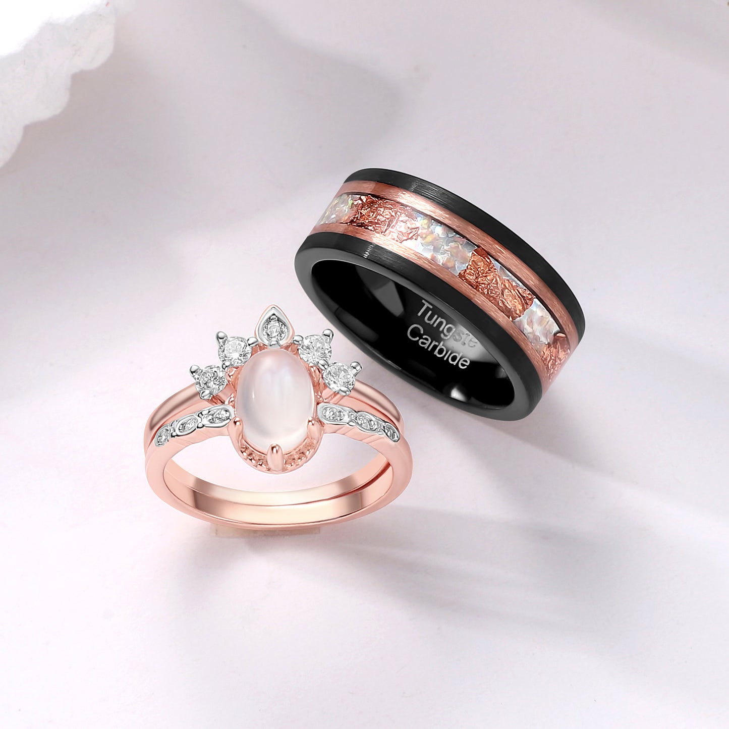 The Lunara - Natural Moonstone & Fire Opal Rose Gold Leaf Couple Ring Set