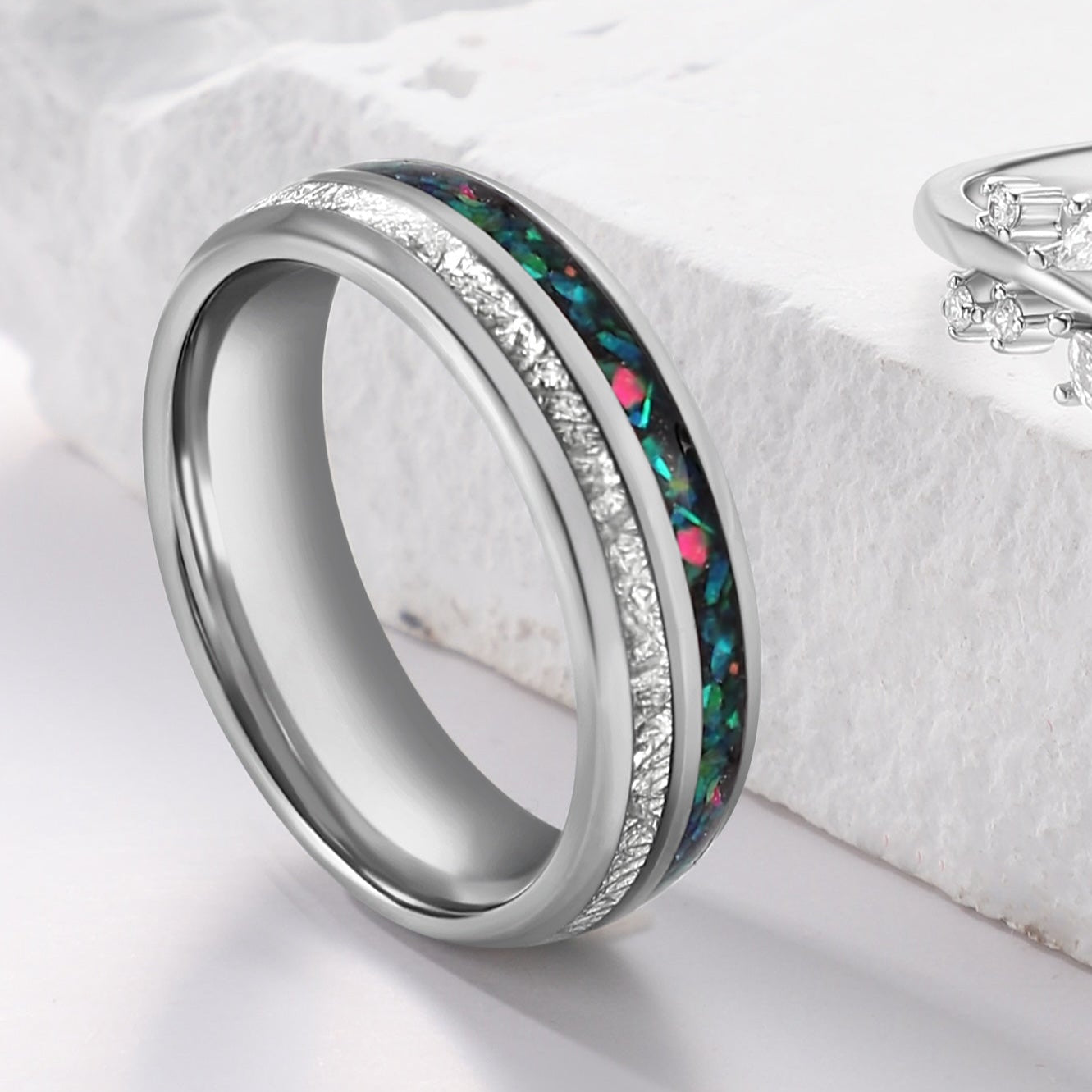 Crushed Green Opal Tungsten Ring for Men