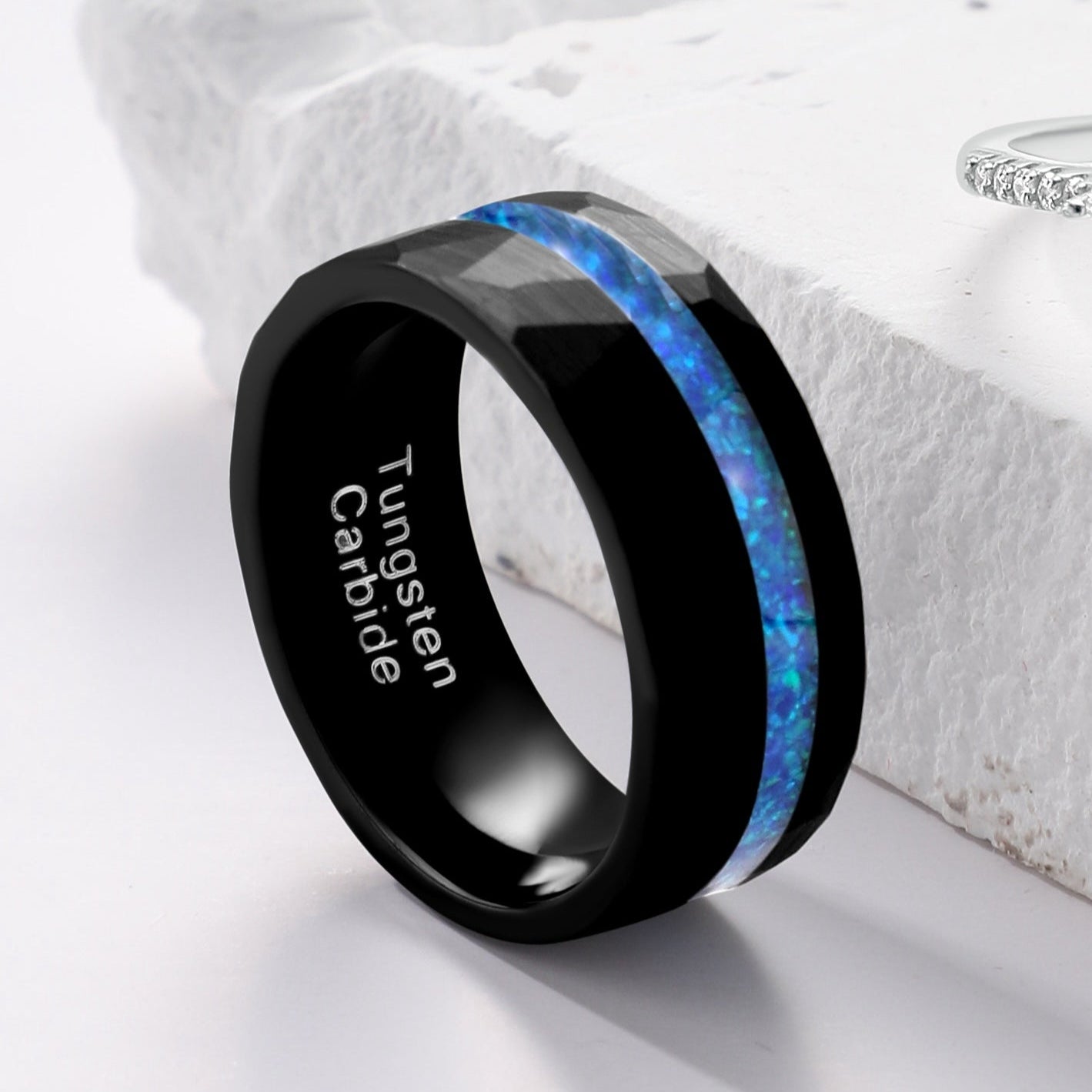 Blue Fire Opal Meteorite Tungsten Ring for Men