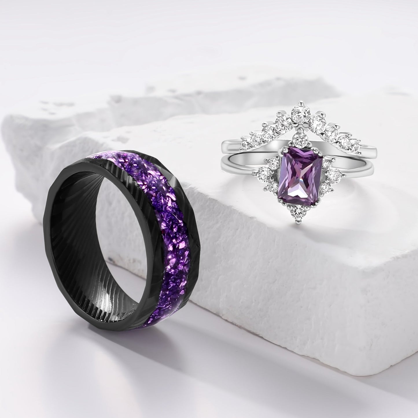 The Amara - Emerald Cut & Crushed Amethyst Couple Ring Set