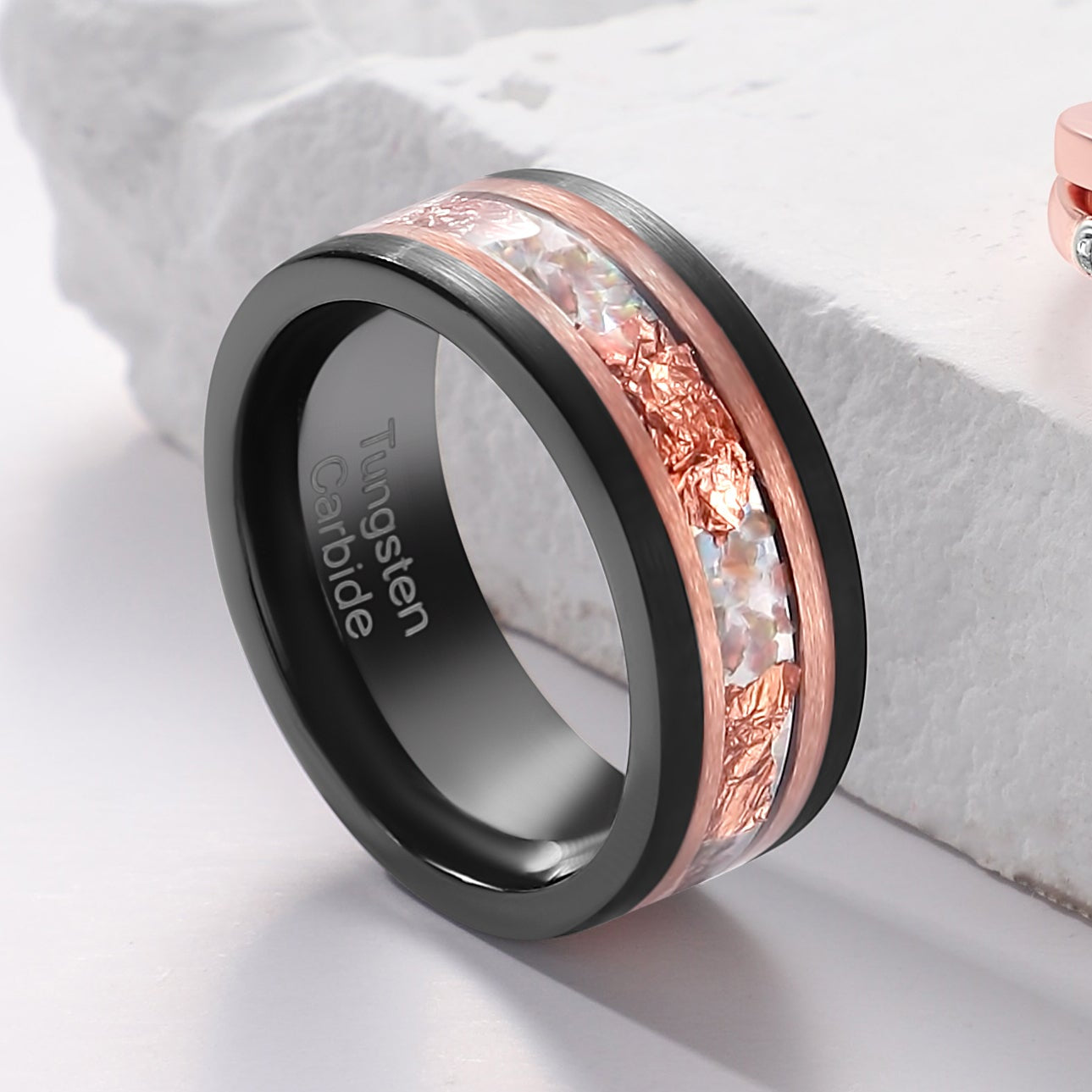 Galaxy Fire Opal Rose Gold Leaf Tungsten Ring for Men