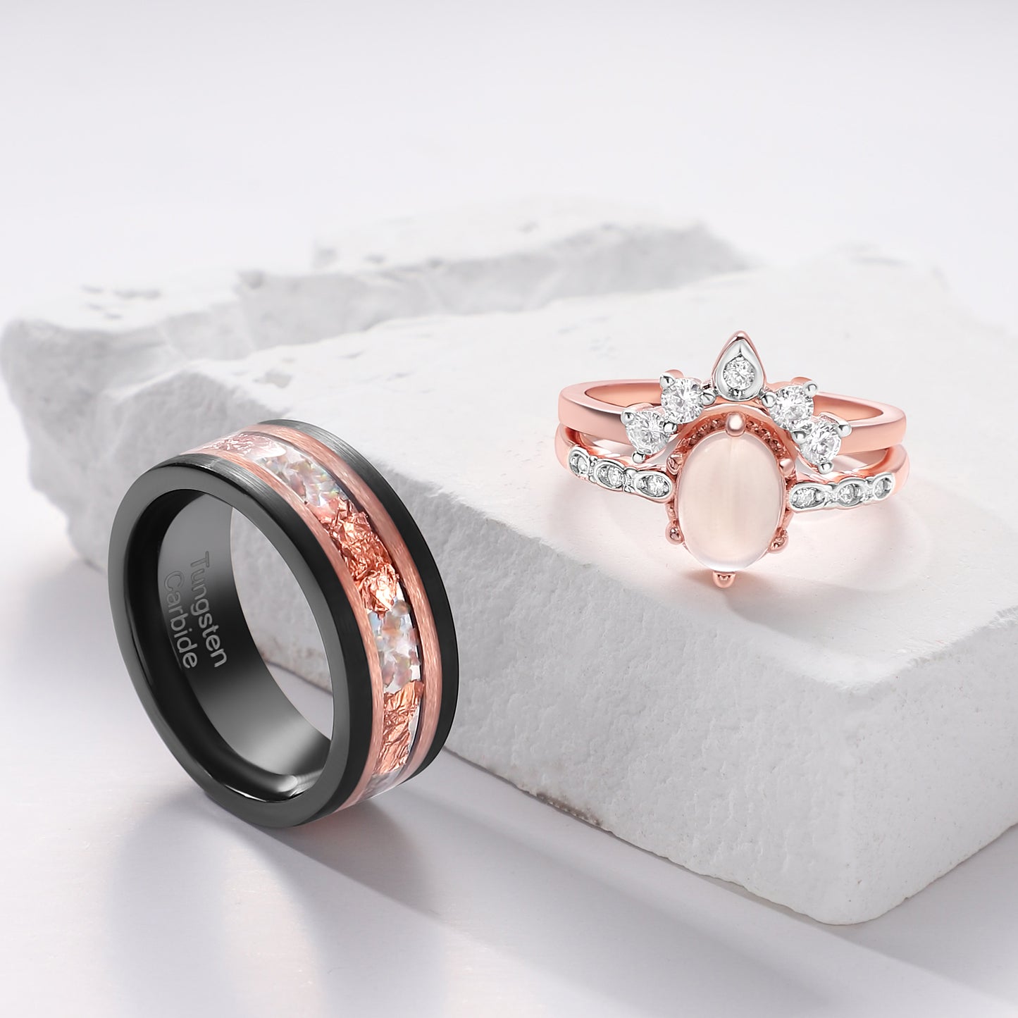 The Lunara - Natural Moonstone & Fire Opal Rose Gold Leaf Couple Ring Set