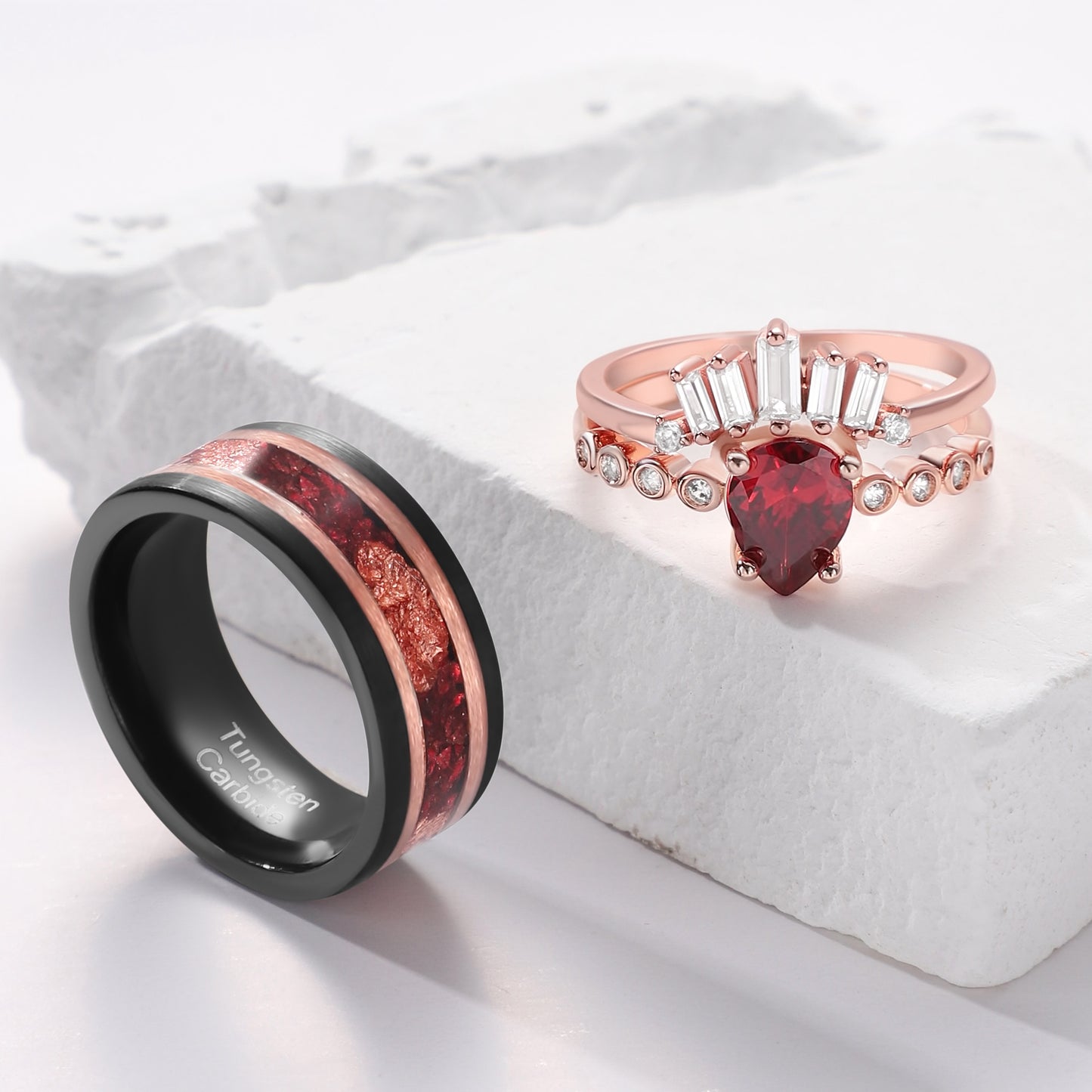 The Aurelia - Red Garnet Rose Gold Leaf Couple Ring Set