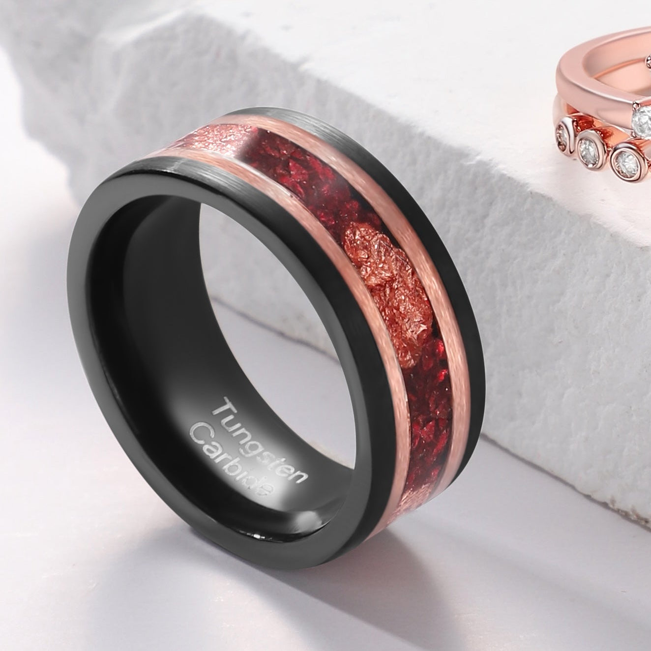 Crushed Garnet & Rose Gold Leaf Tungsten Ring for Men