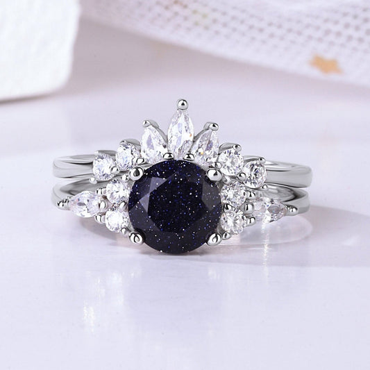 The Twilune - Blue Sandstone Wedding Ring - White Rhodium