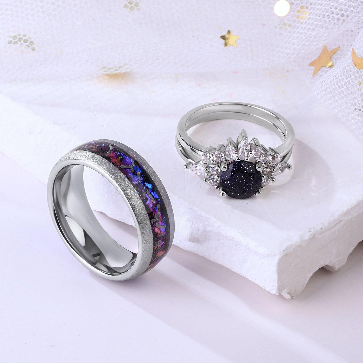 The Bluorion - Meteorite & Blue Sandstone Couple Rings
