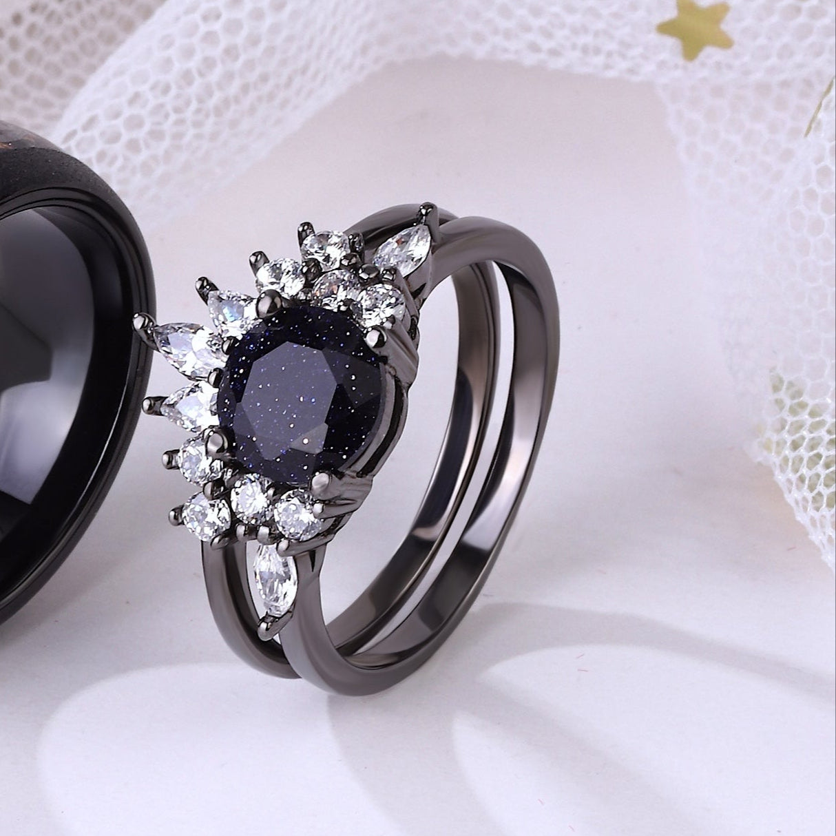 The Twilune - Blue Sandstone Wedding Ring - White Rhodium