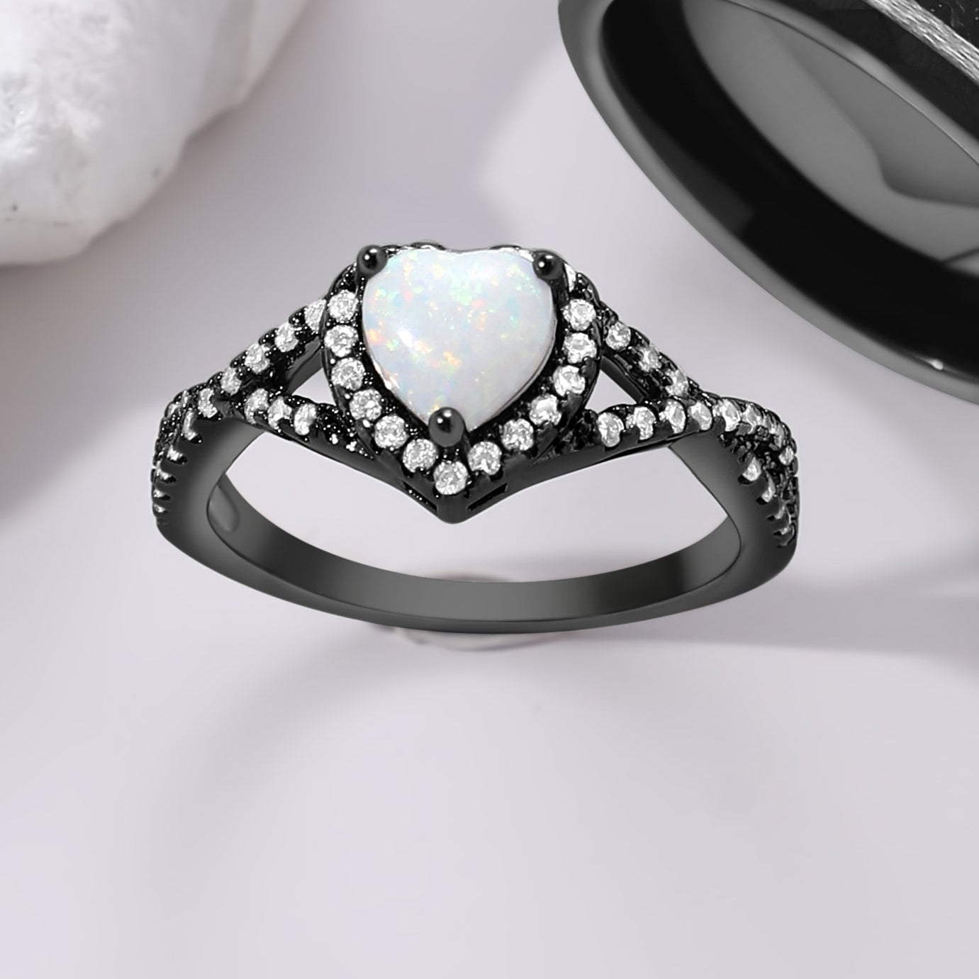 The Nyxara - Black Meteorite Sandstone & White Opal Couple Ring Set