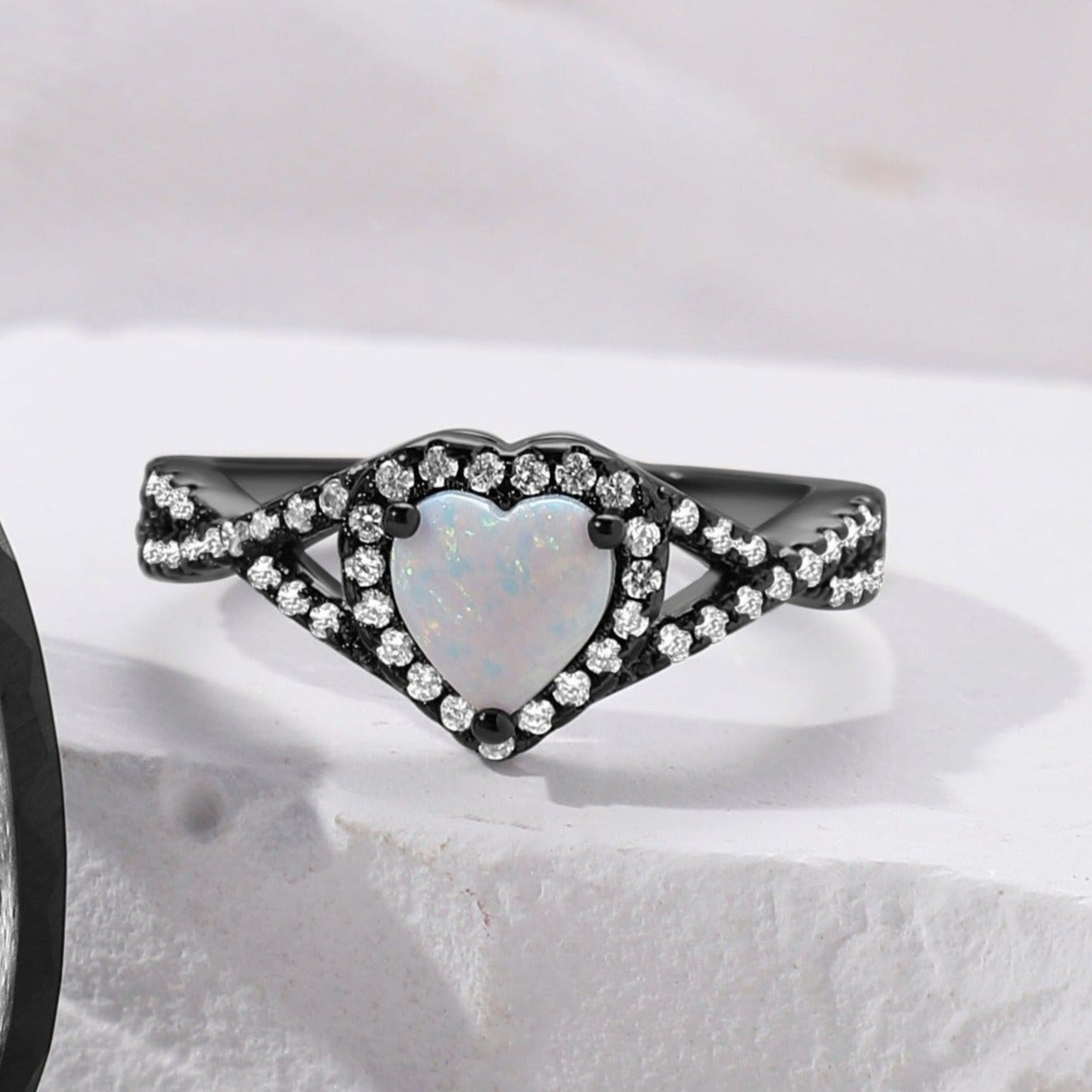 The Nyxara - Black Meteorite Sandstone & White Opal Couple Ring Set