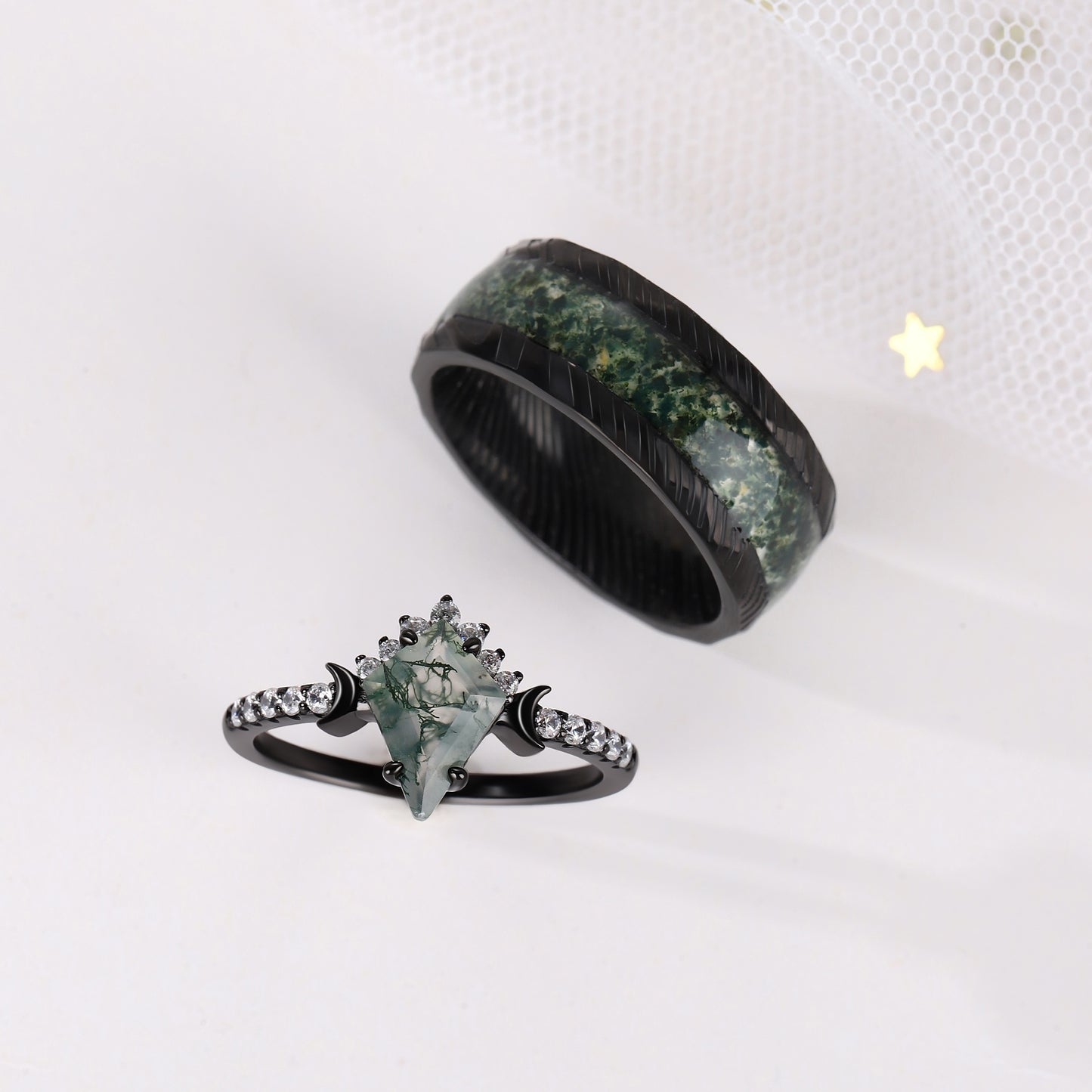 The Mossveil - Kite Cut Moss Agate Couple Ring Set