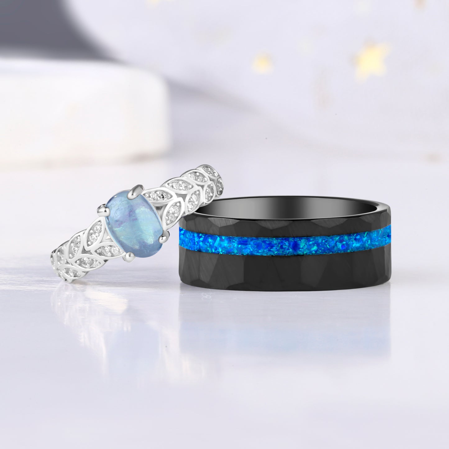 The Aqualis - Aquamarine & Crushed Opal Couple Ring Set