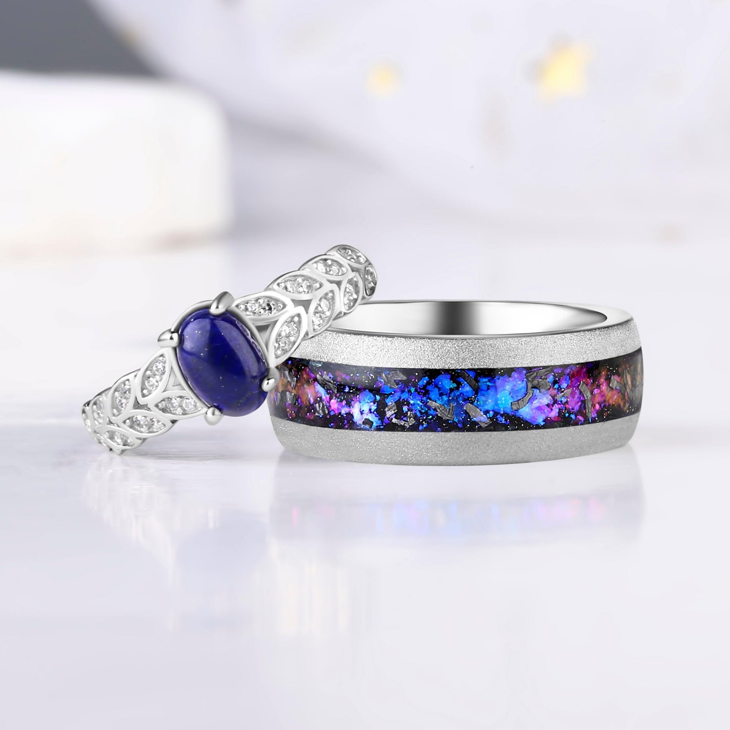 The Starfall - Lapis Lazuli & Crushed Sandstone Couple Ring Set