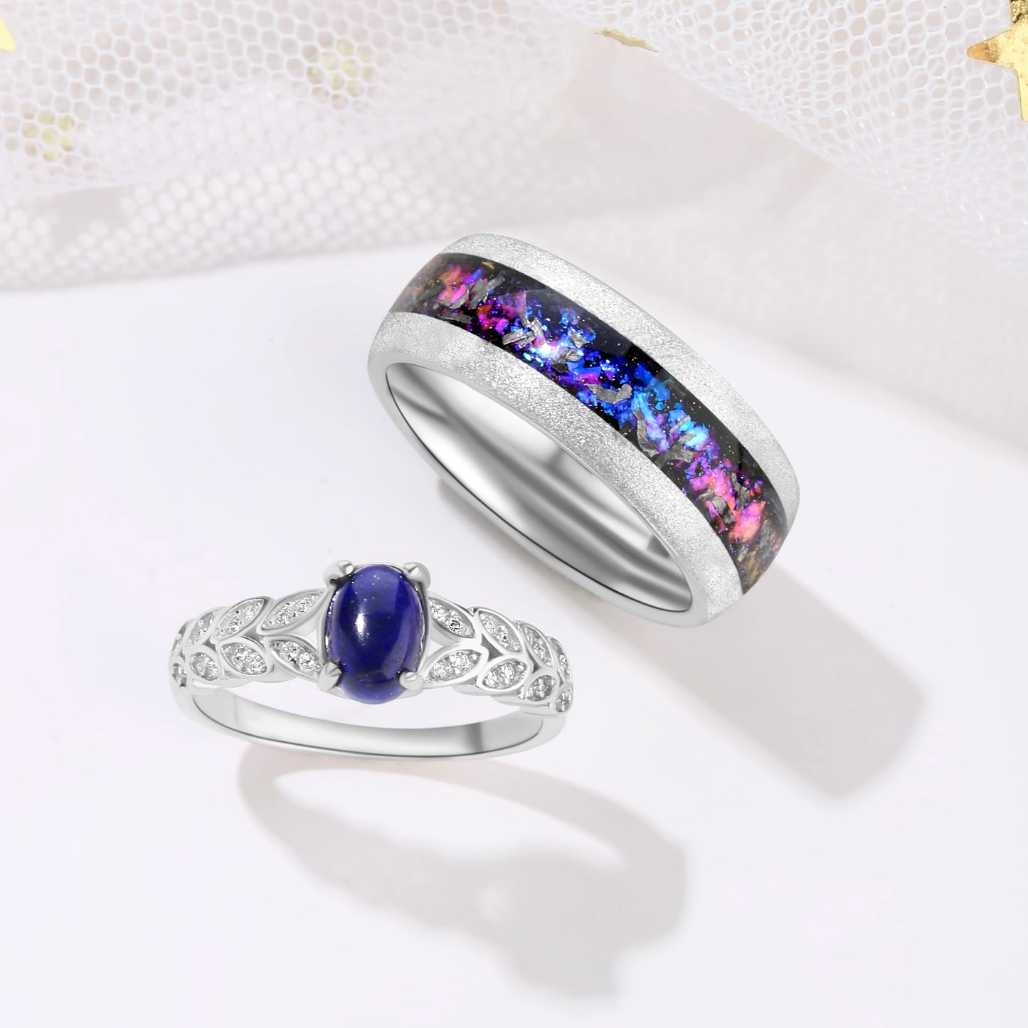 The Starfall - Lapis Lazuli & Crushed Sandstone Couple Ring Set