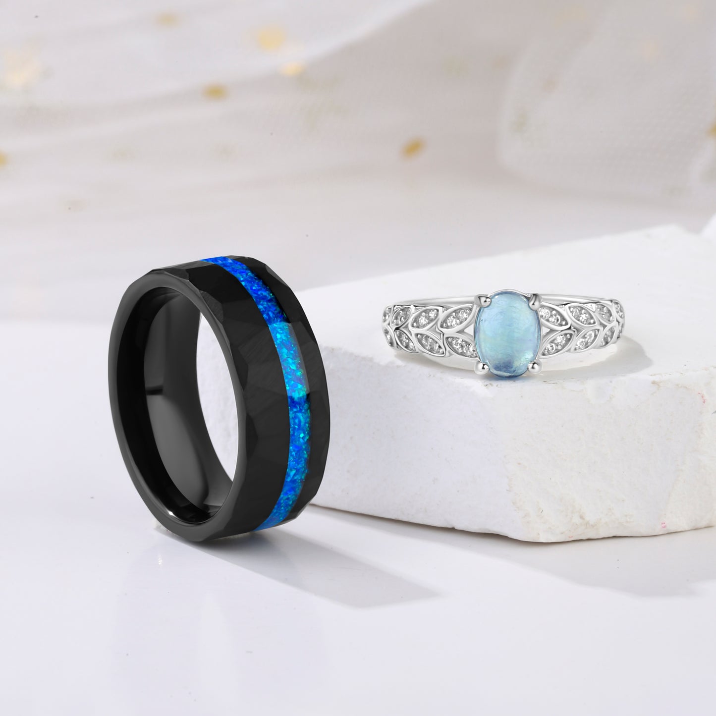 The Aqualis - Aquamarine & Crushed Opal Couple Ring Set