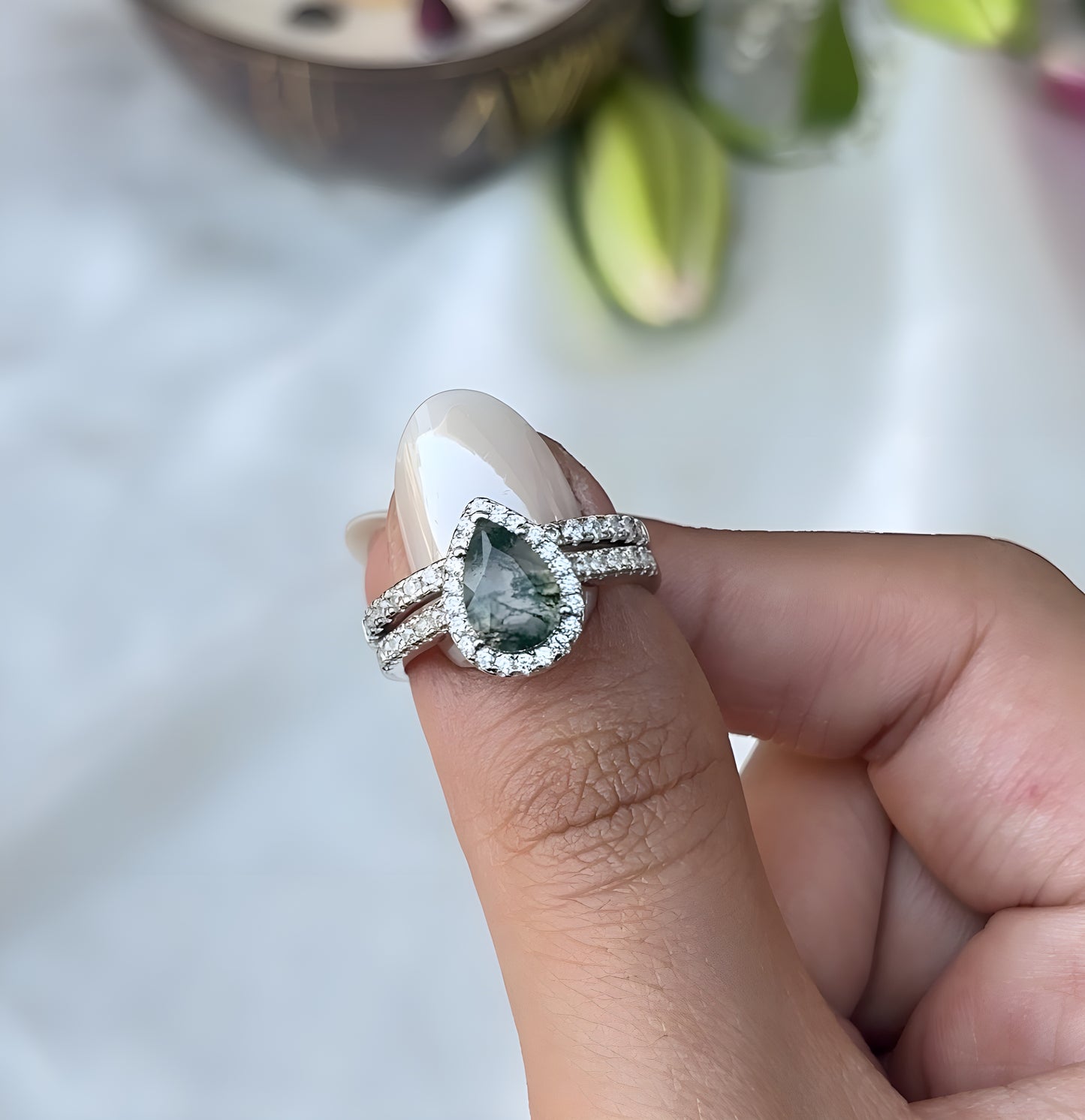 The Florra - Pear Cut Natural Moss Agate Vermeil Ring for Women