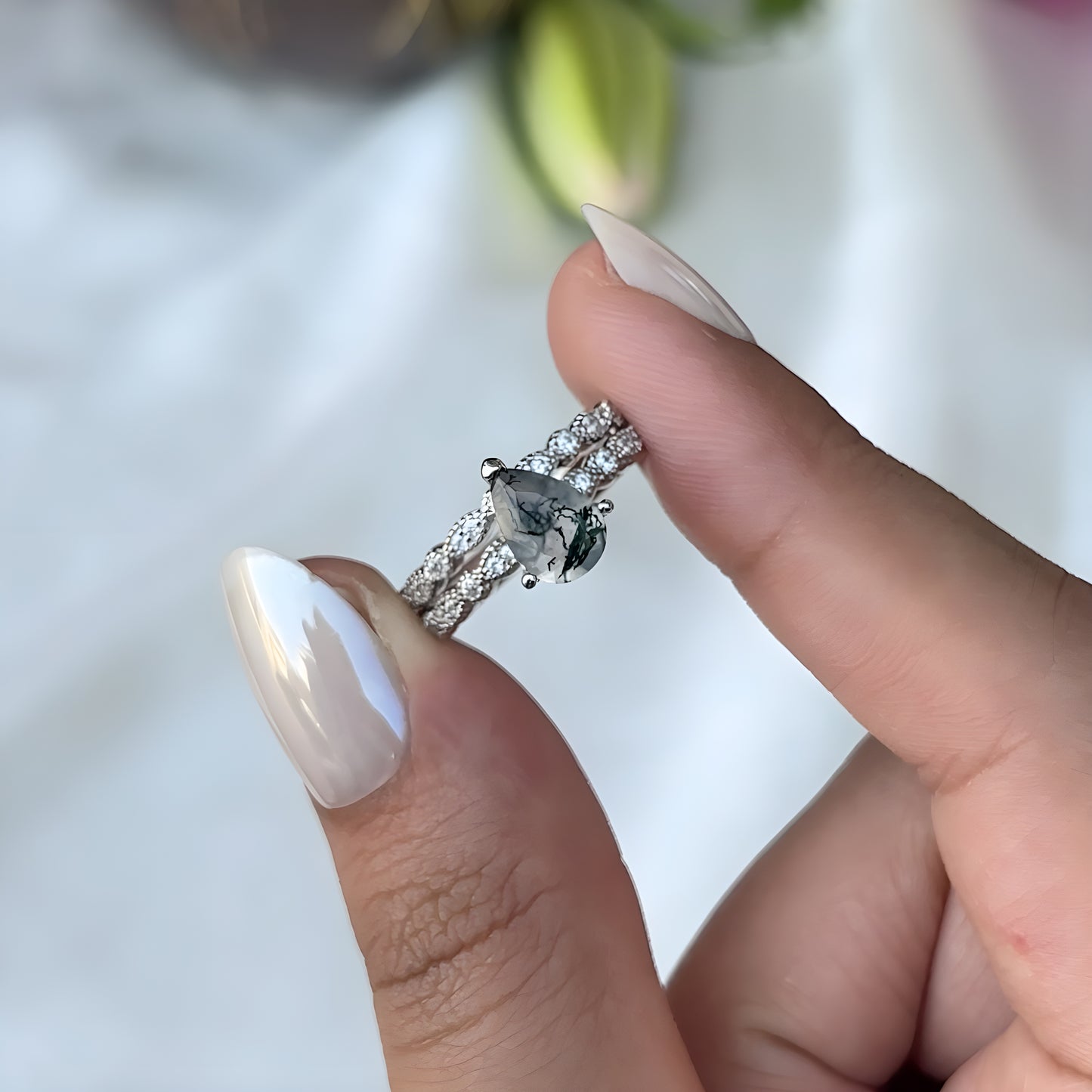The Sylmoss - Natural Moss Agate Women Ring Set