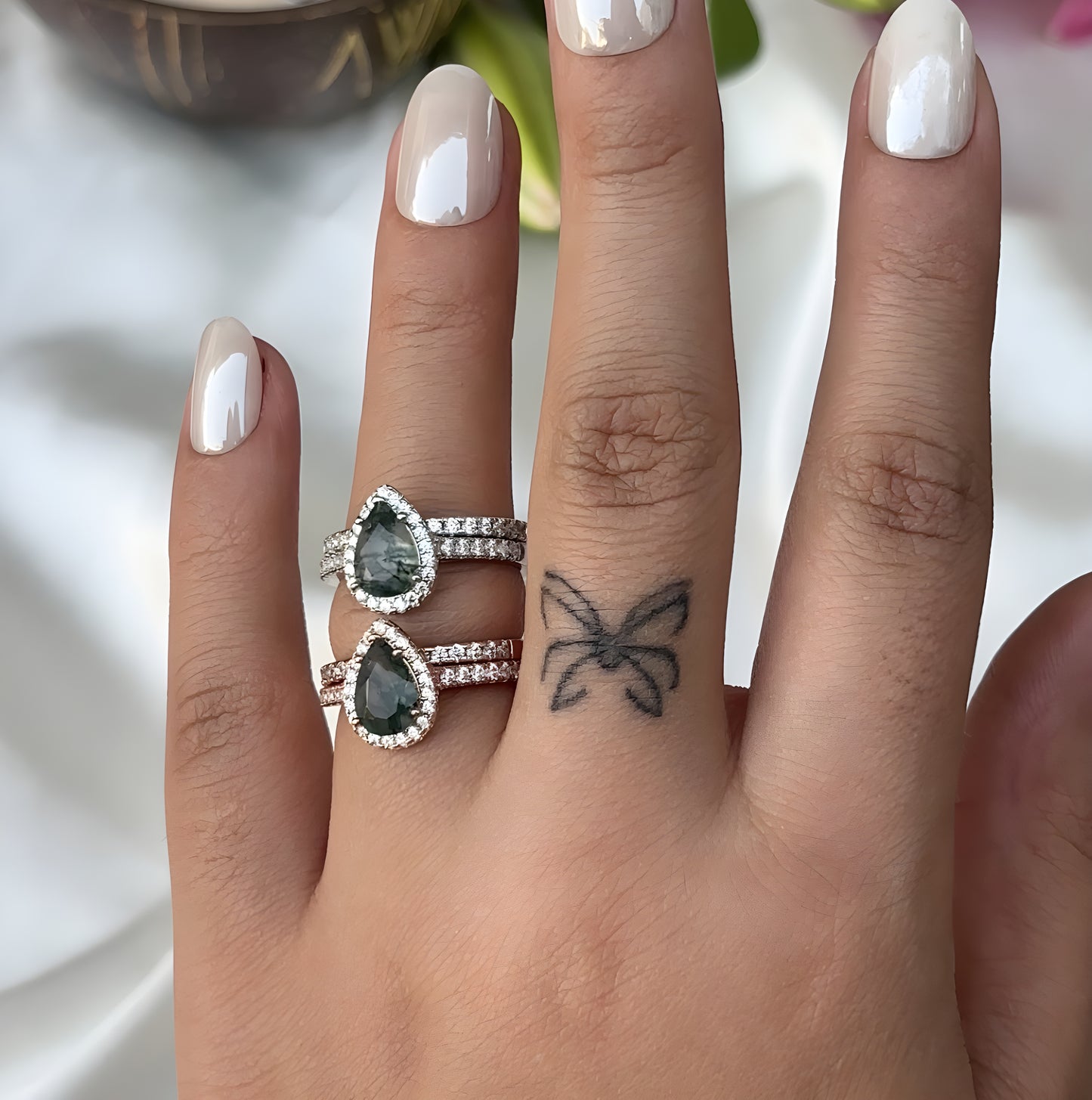 The Florra - Pear Cut Natural Moss Agate Vermeil Ring for Women