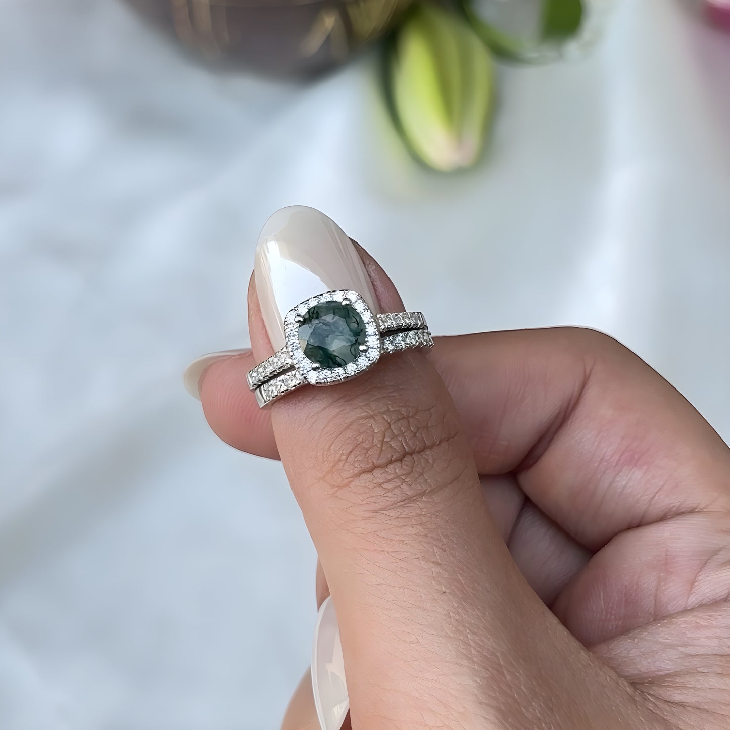 The Mossavia - Natural Moss Agate Vermeil Ring for Women