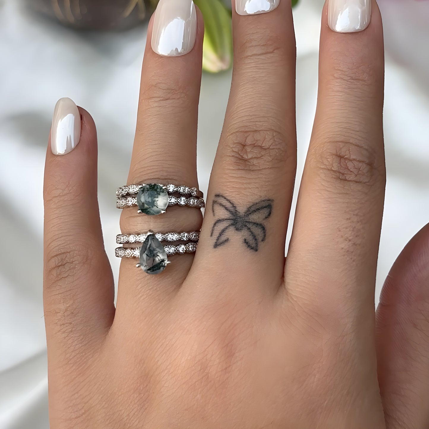 The Sylmoss - Natural Moss Agate Women Ring Set
