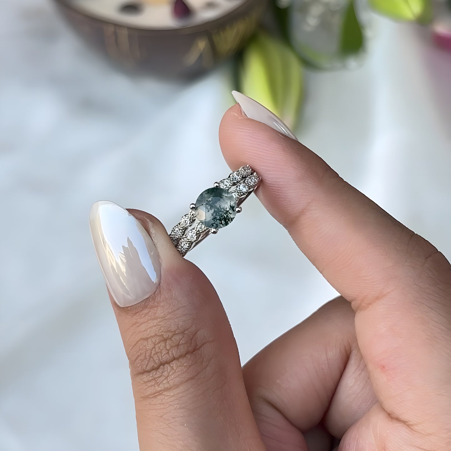 The Sylmoss - Natural Moss Agate Women Ring Set