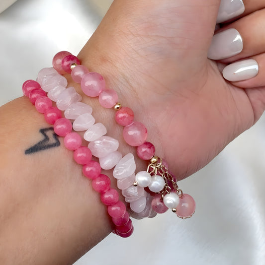 Rose Quartz with Pearls Women Bracelet Set