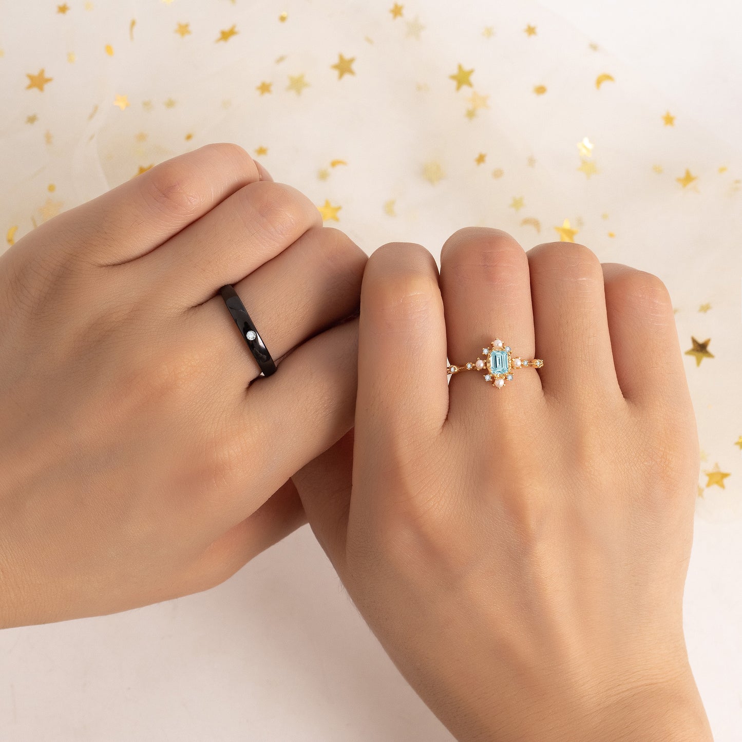 Natural Sky Blue Topaz 10k Gold Finish & Black Rhodium Plating Couple Ring Set