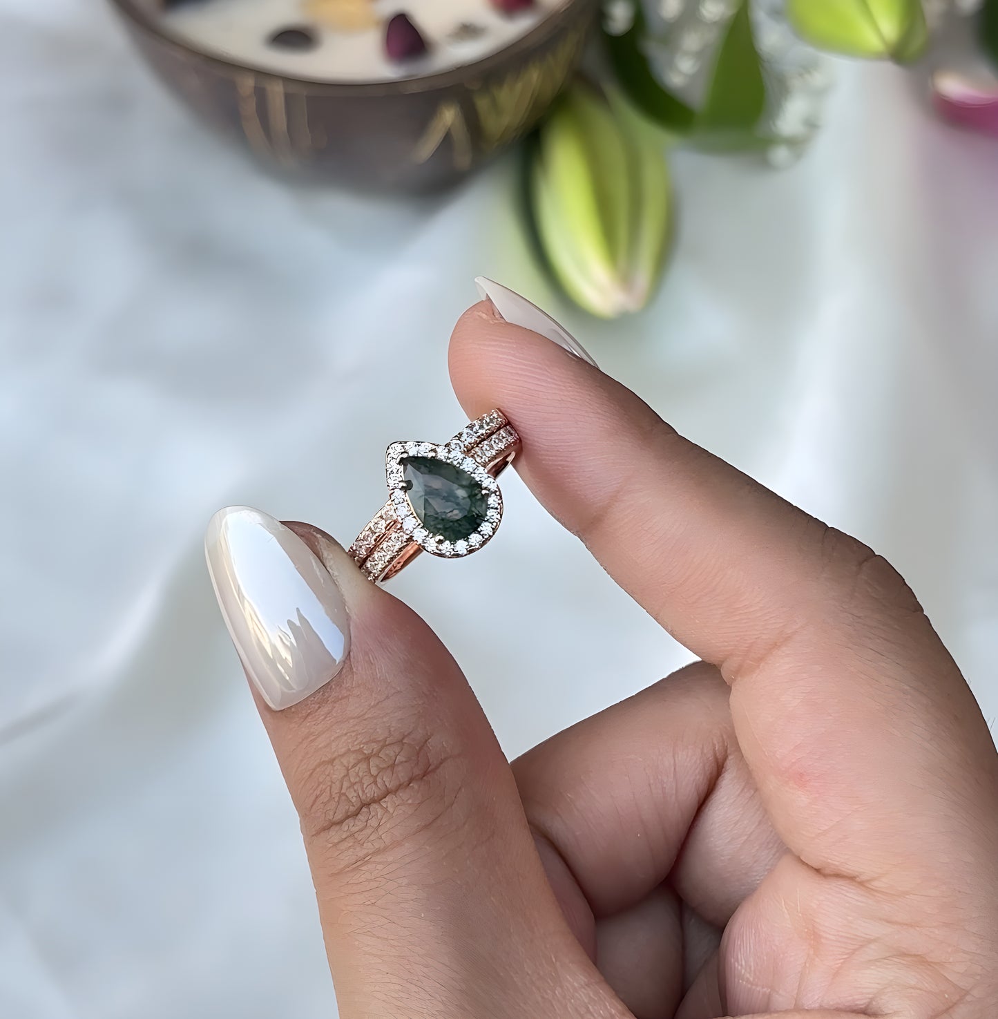 The Florra - Pear Cut Natural Moss Agate Vermeil Ring for Women